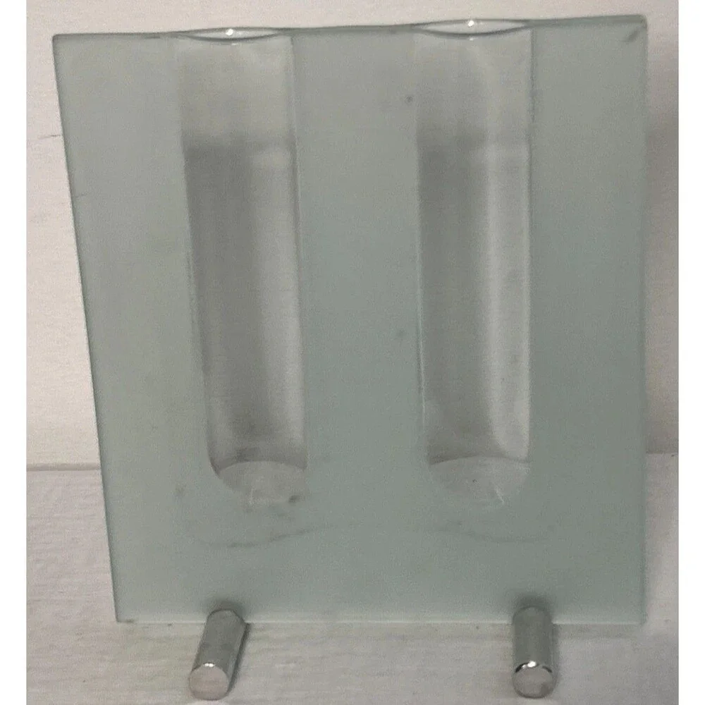 Mid-Century Modern Bud Vase 2 Stem Frosted Glass w/Metal Base Retro 9x8